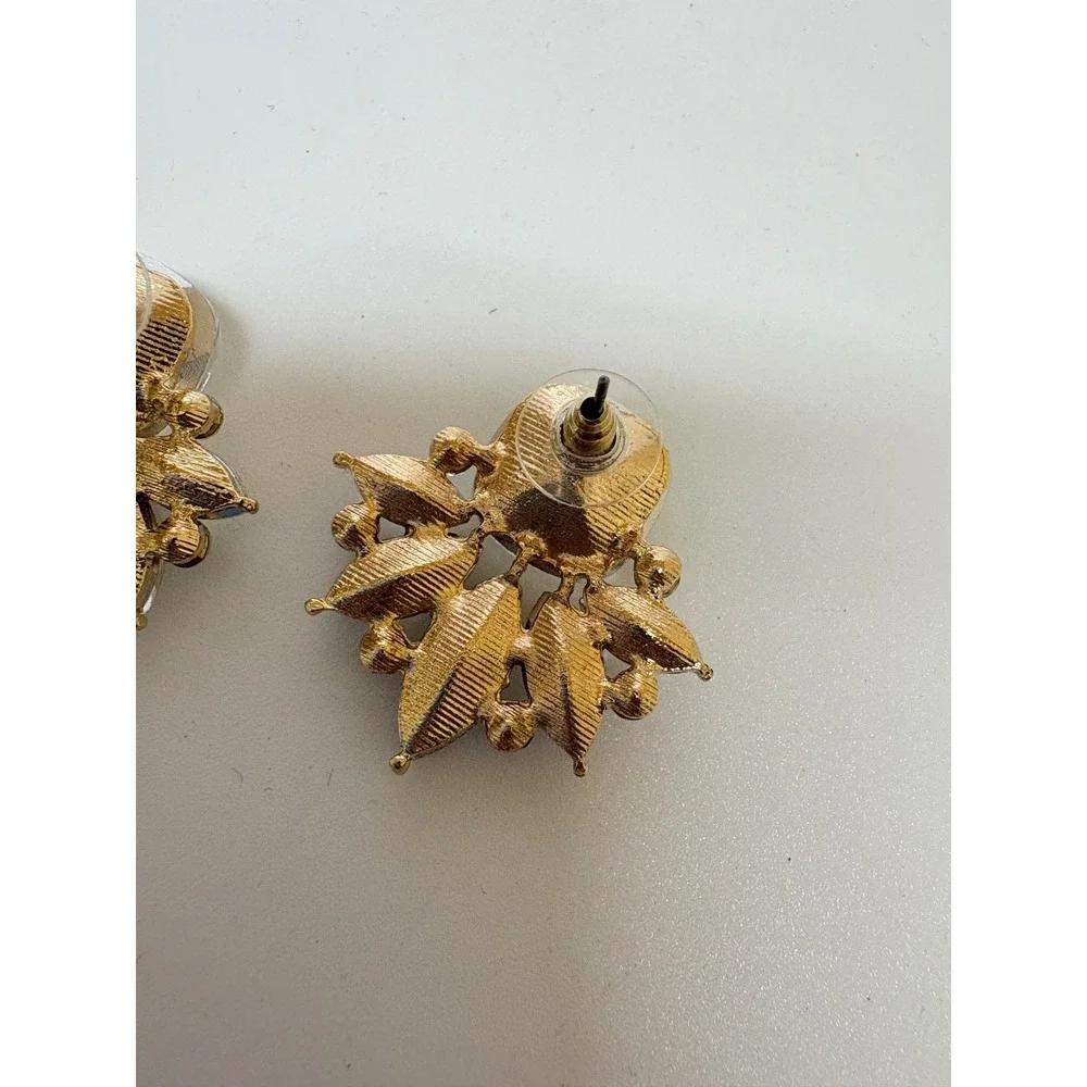 Gold Tone Clear Crystal Cluster Fan Statement Stud Earrings
